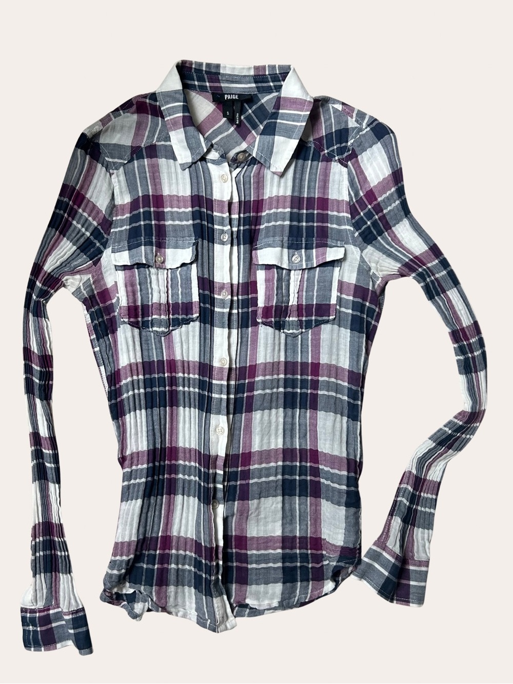 PAIGE Women's Plaid Button-Down Shirt - Purple & Navy & White Size Small Cotton